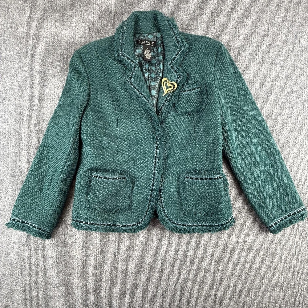 Dialogue Blazer Jacket Womens 12 Green Tweed Fringe Trim Lined Pockets Classic
